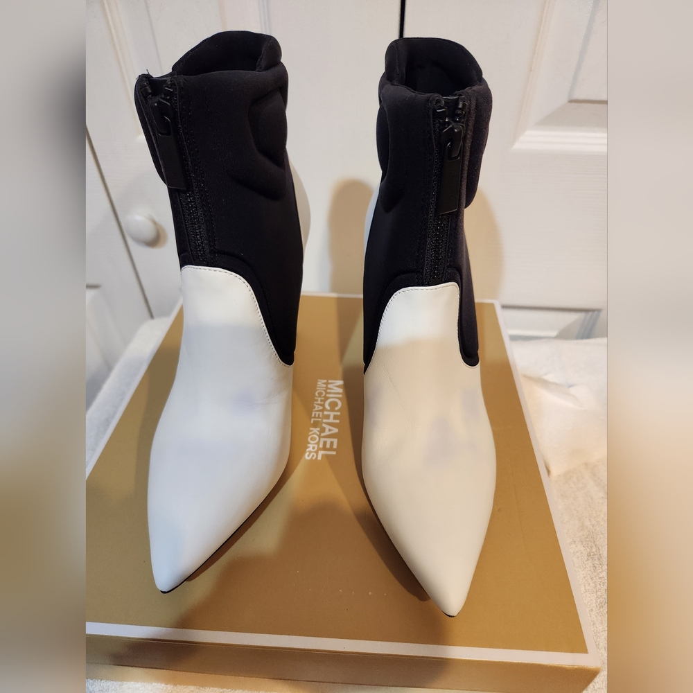 Michael Kors Black and White Heeled Boots with Pointed Toe